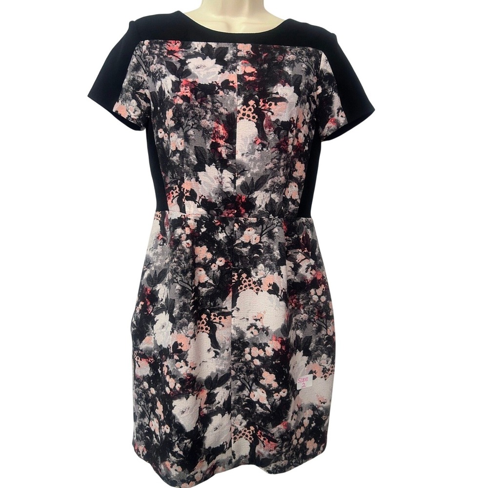 Club Monaco Floral Jacquard Short Sleeve Sheath Dress Black Pink Size 2